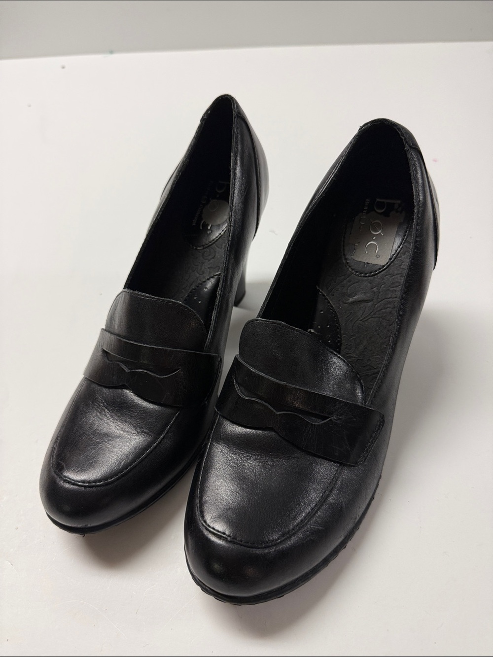 b.o.c. Black Leather Penny Loafers with a heel